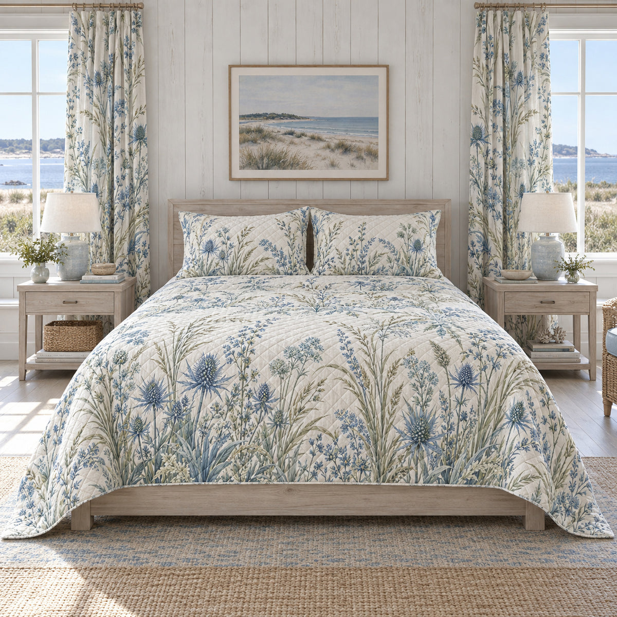 AI mockup of Sea Holly quilt set, front view