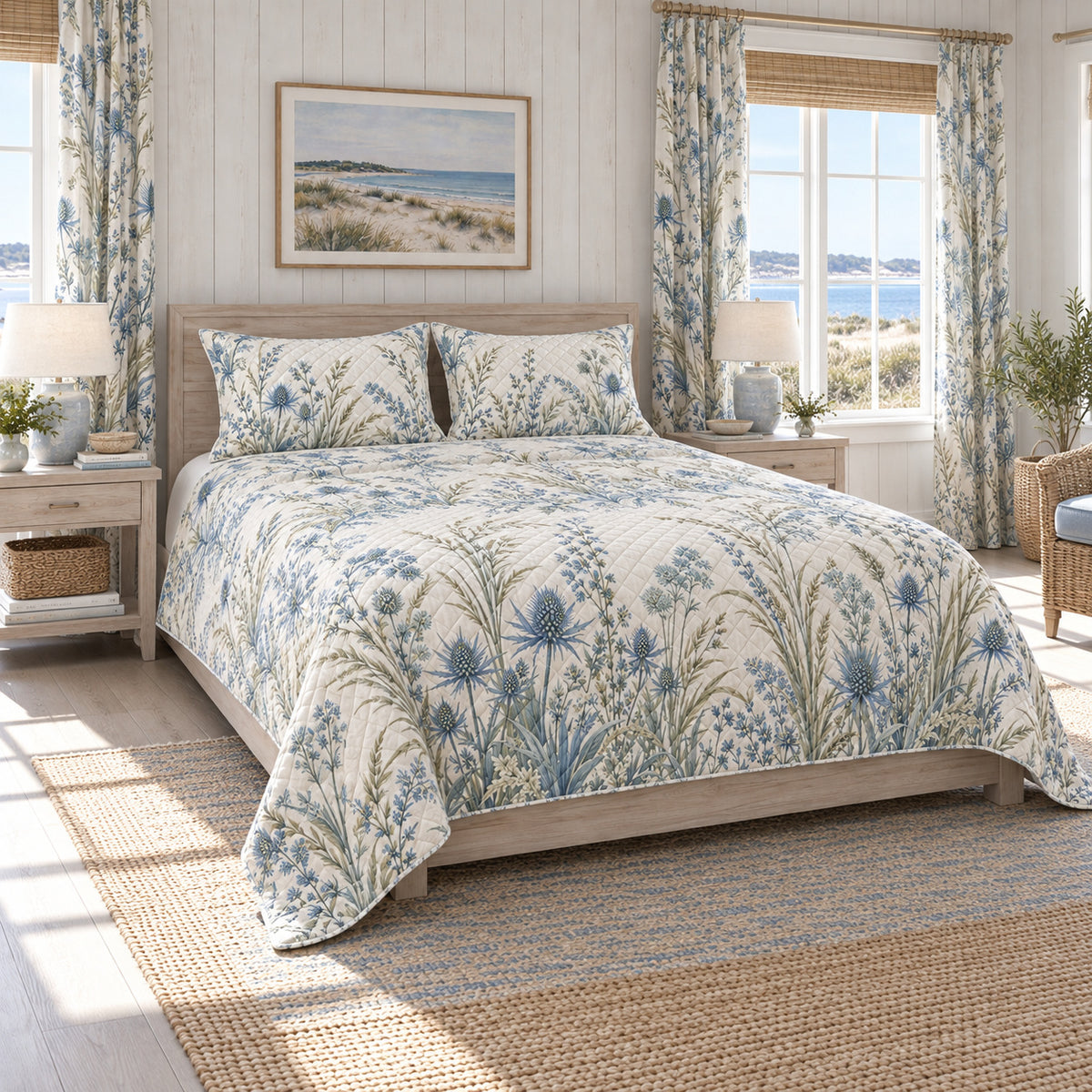 AI mockup of Sea Holly quilt set, left-side view