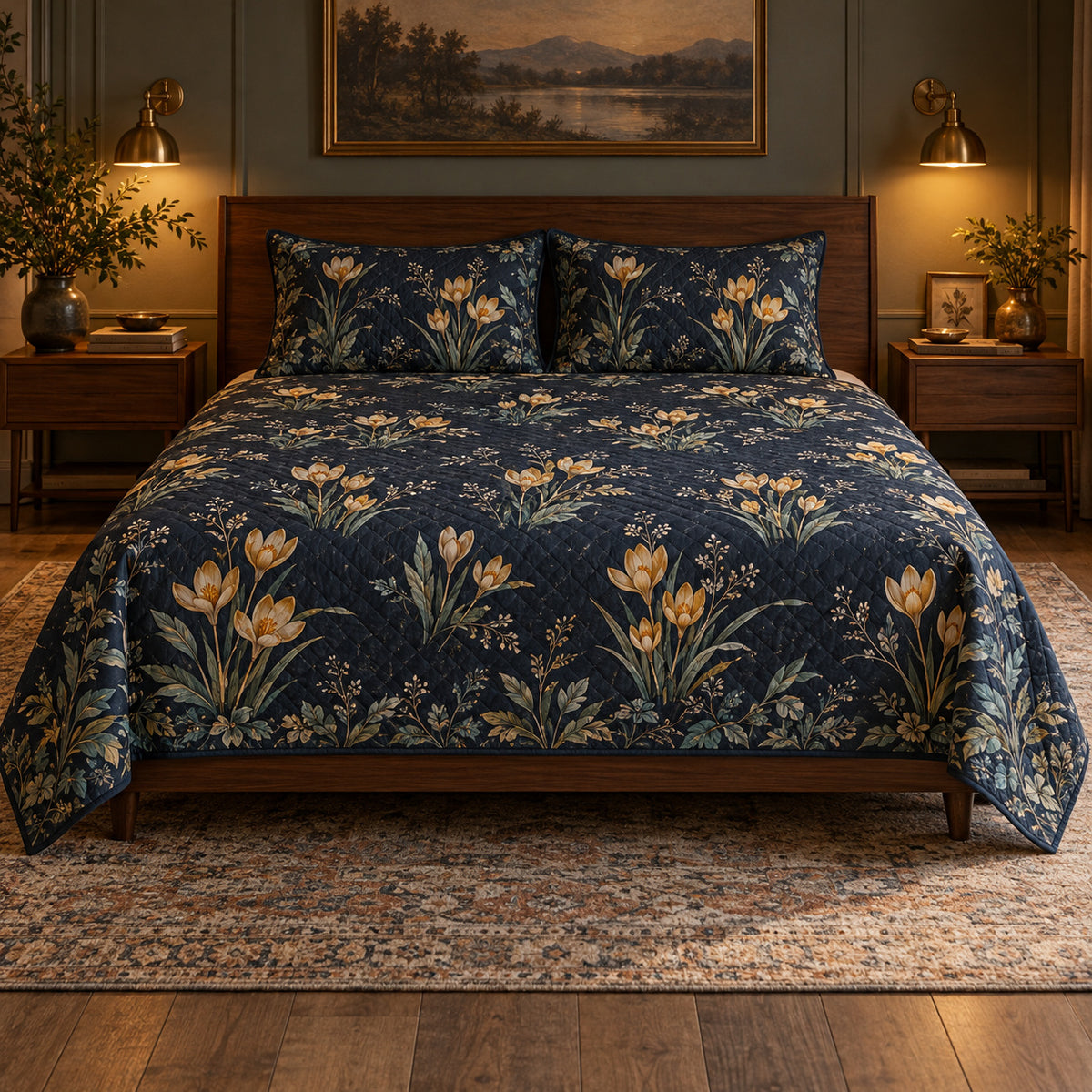 AI mockup of Snow Crocus quilt set, front view