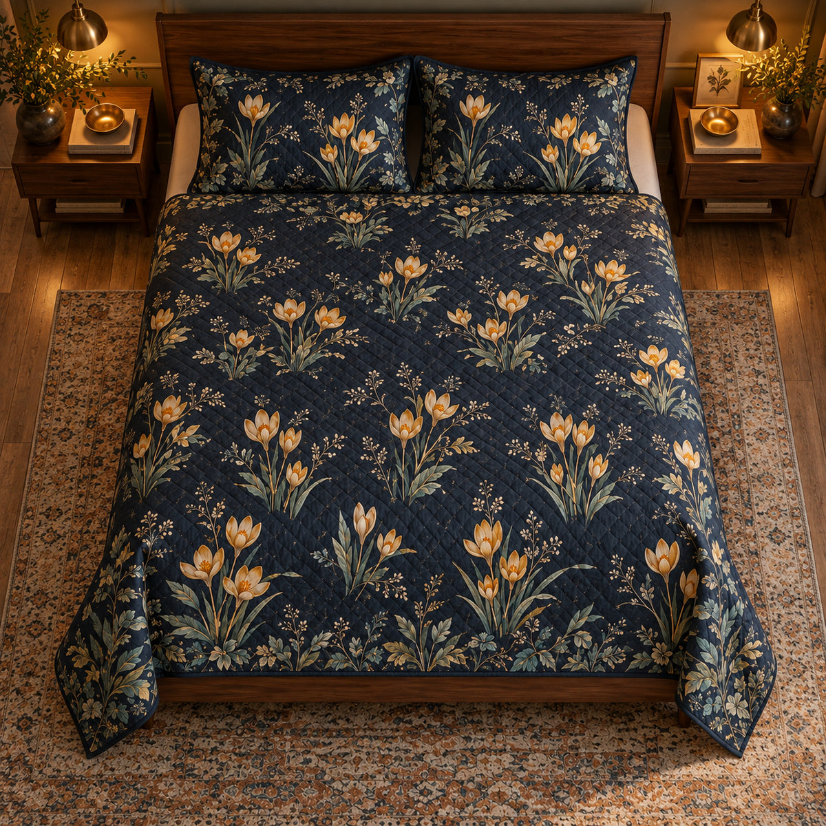 AI mockup of Snow Crocus quilt set, centered high overhead view