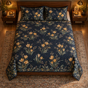 AI mockup of Snow Crocus quilt set, centered high overhead view