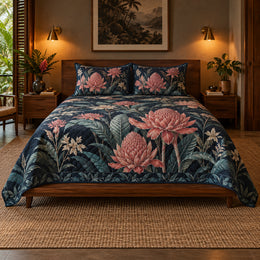 Torch Ginger Quilt Set, Midnight Tropical Botanical Bedding, Gift for Ginger Lovers