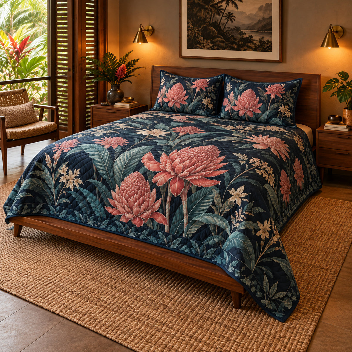 AI mockup of Torch Ginger quilt set, left-side view
