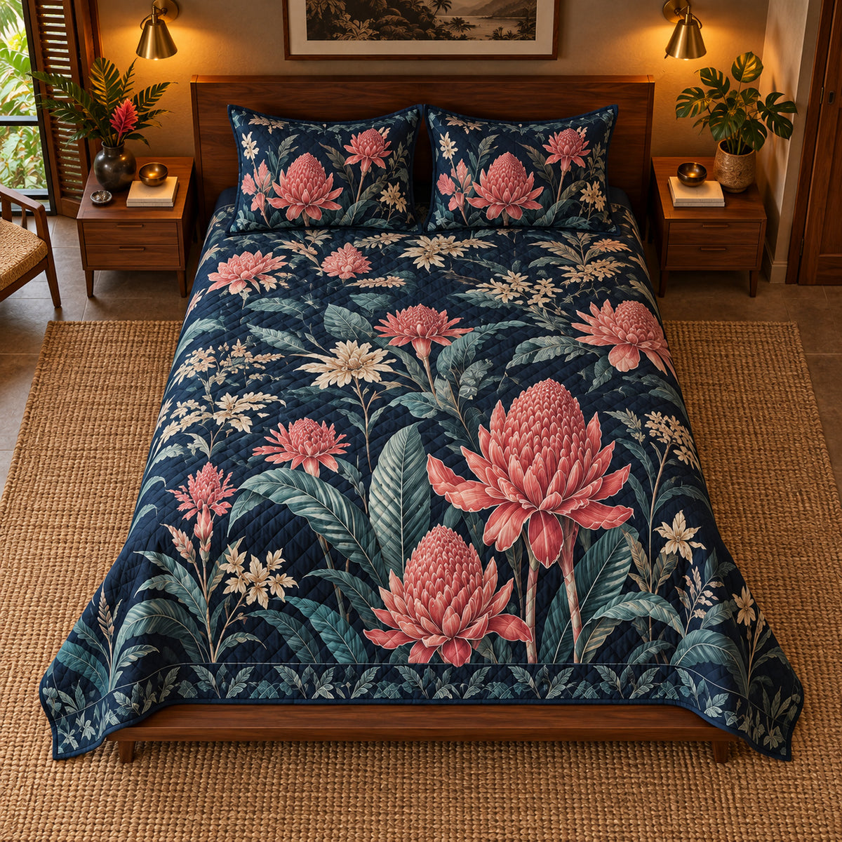 AI mockup of Torch Ginger quilt set, centered high overhead view