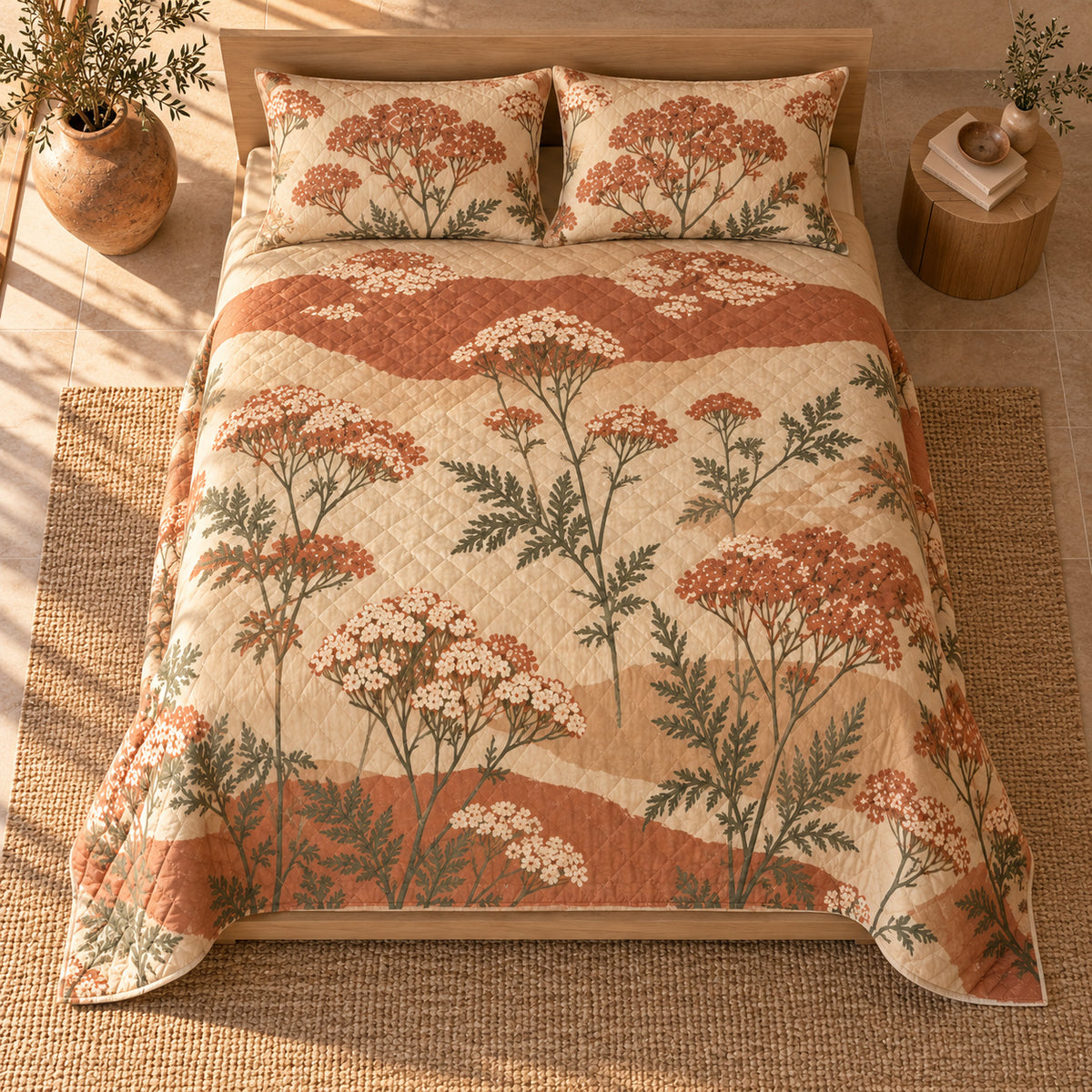 AI mockup of Yarrow quilt set, centered high overhead view