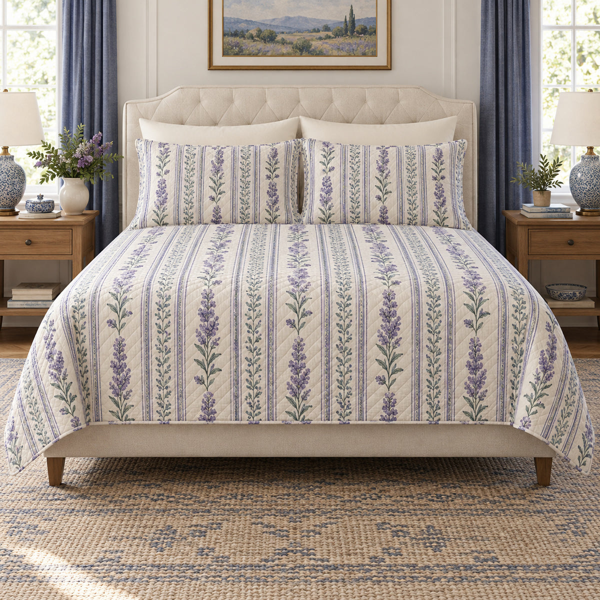 Lilac chaste tree botanical stripe quilt set front view