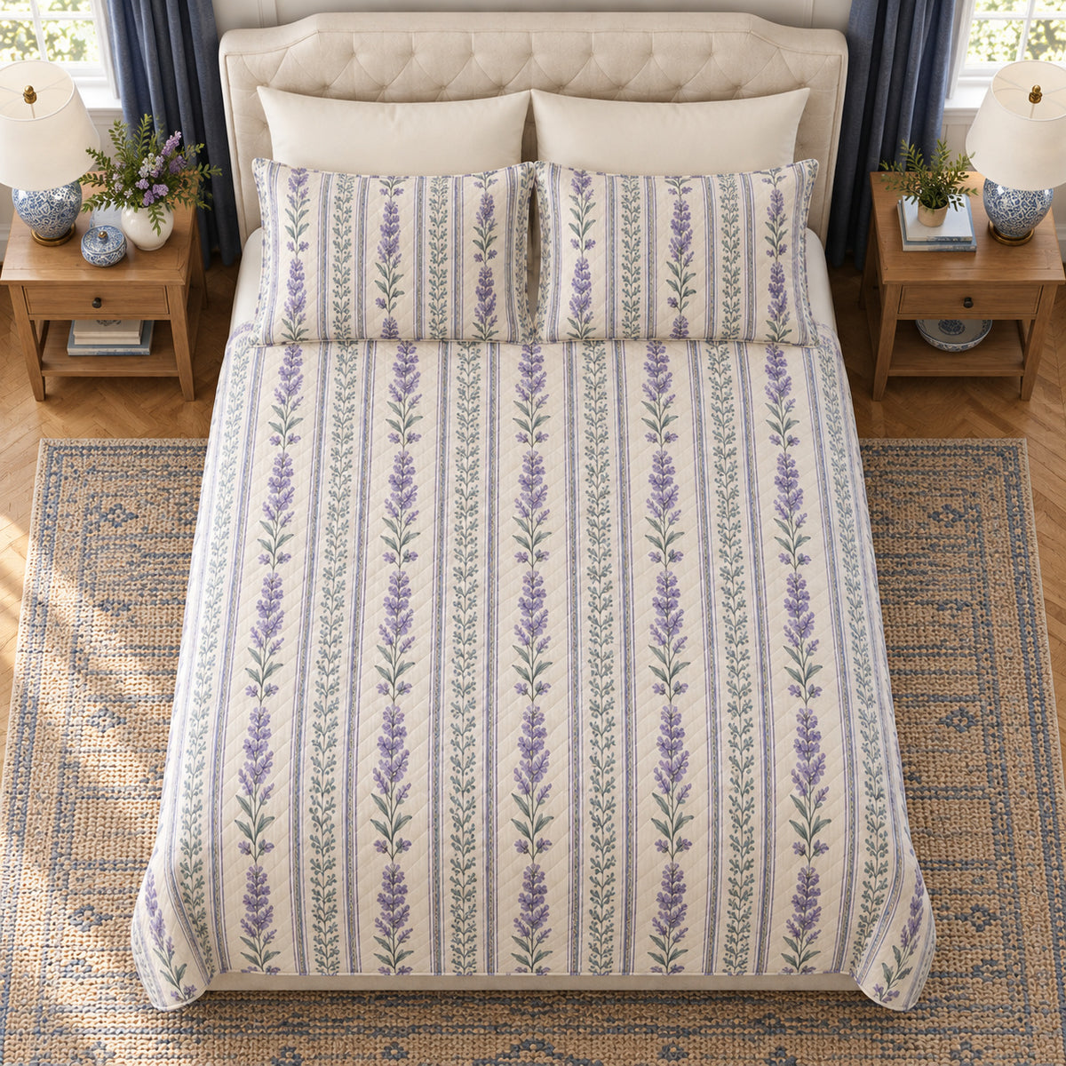 Lilac chaste tree botanical stripe quilt set elevated front view
