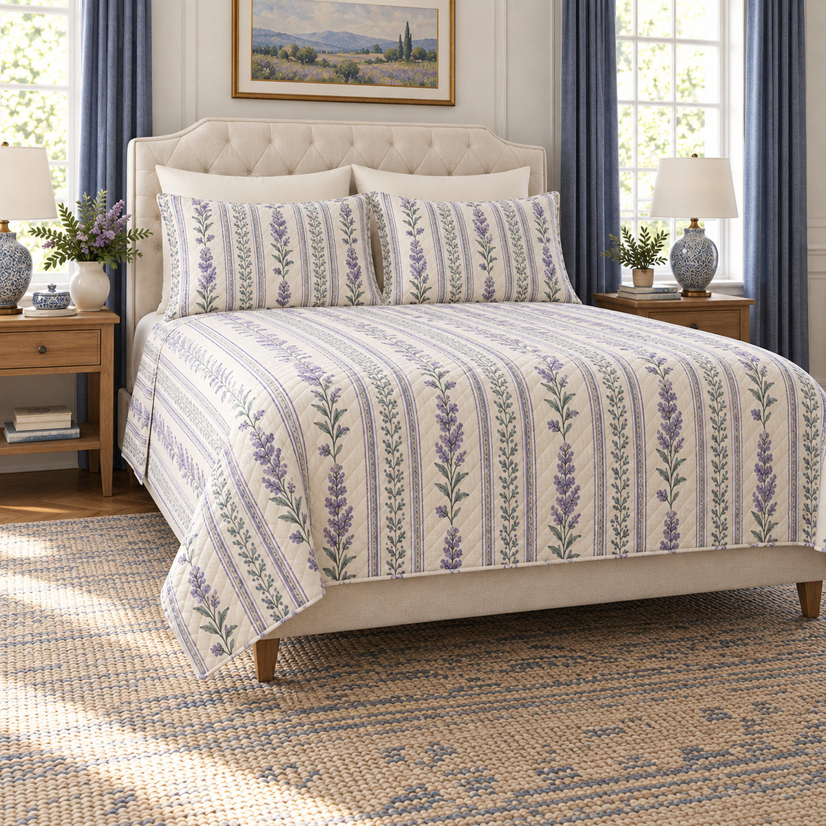 Lilac chaste tree botanical stripe quilt set left angle