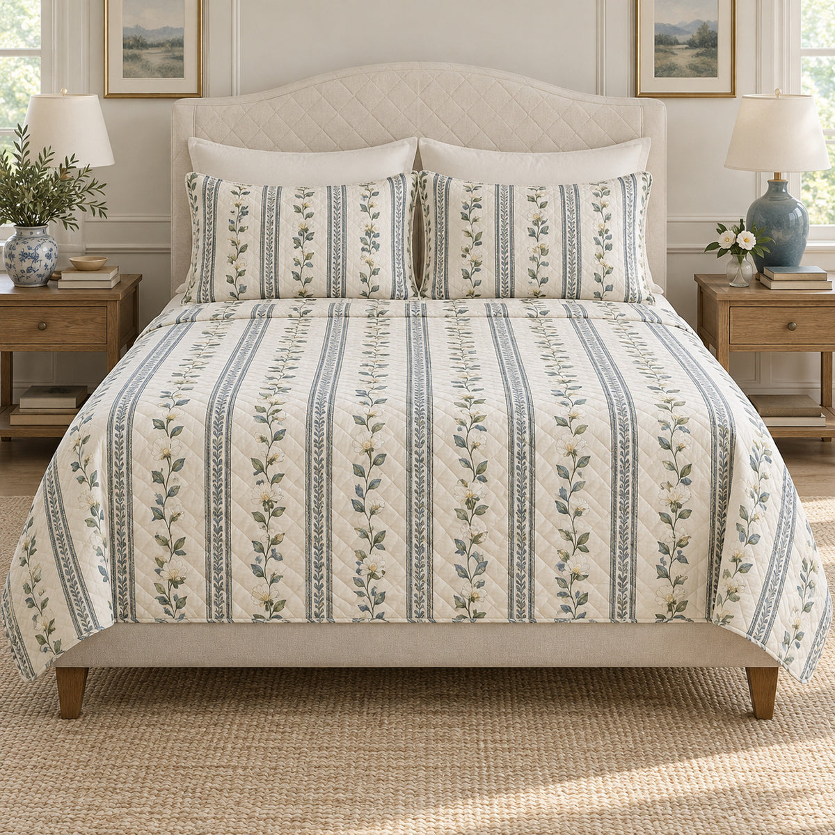 Tea blossom botanical stripe quilt set front view