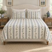 Tea blossom botanical stripe quilt set front view