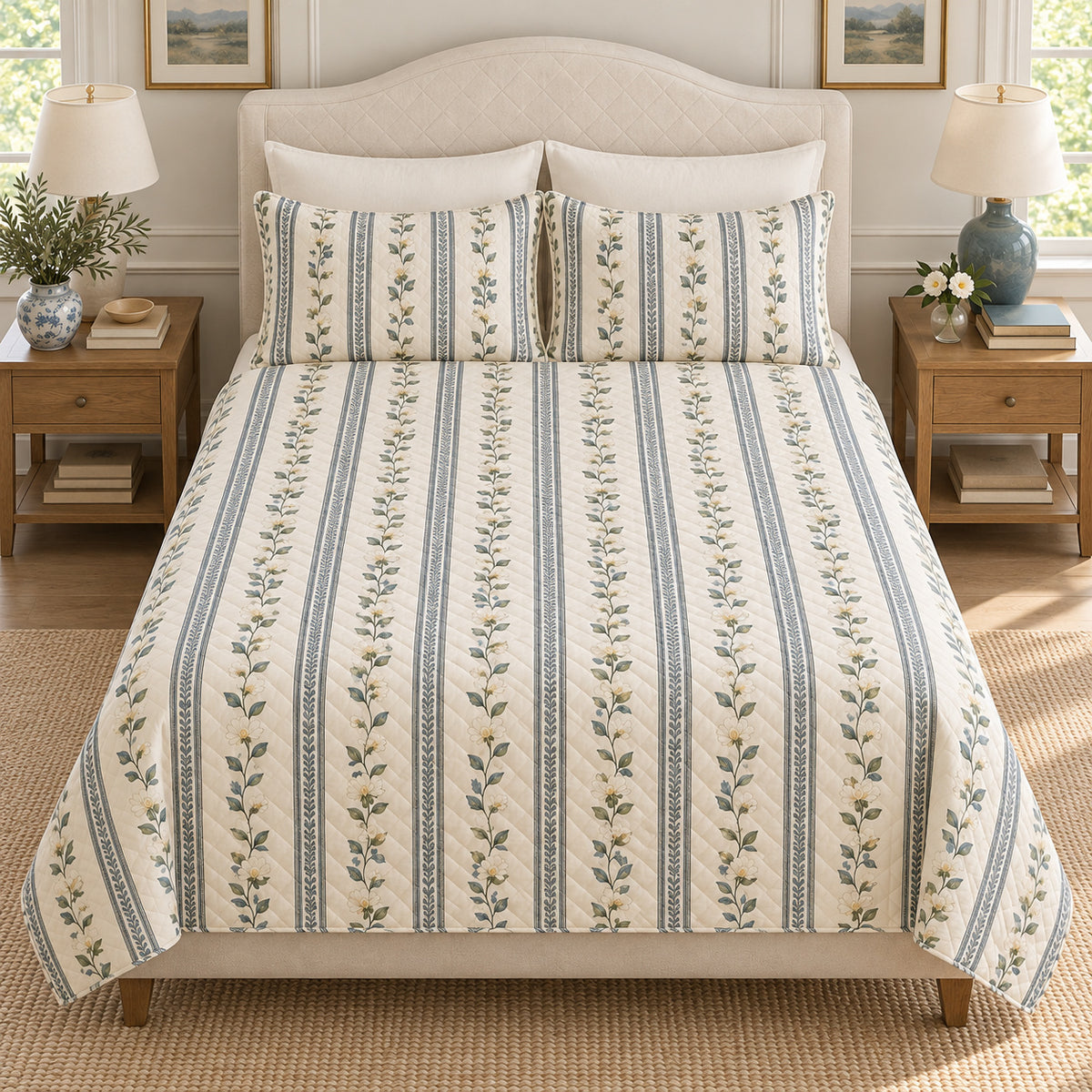 Tea blossom botanical stripe quilt set elevated front view