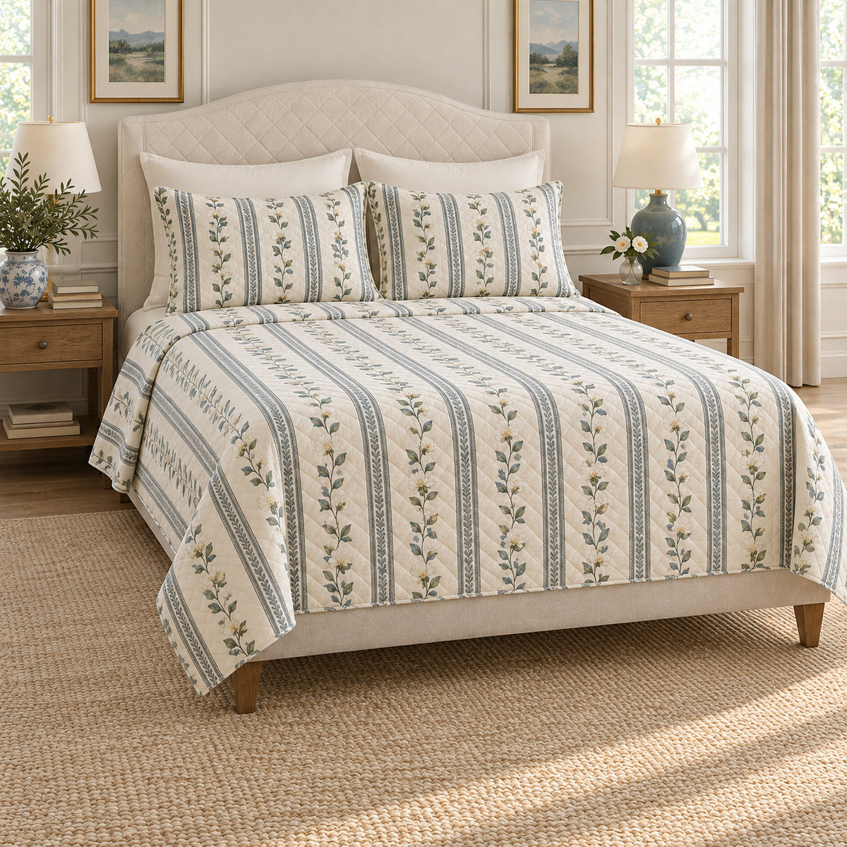 Tea blossom botanical stripe quilt set left angle