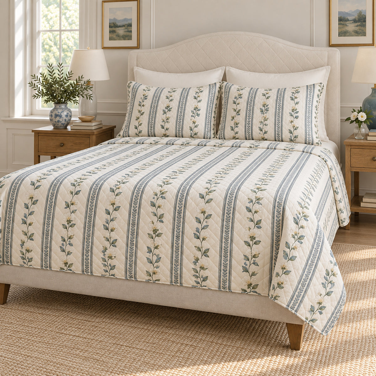 Tea blossom botanical stripe quilt set right angle