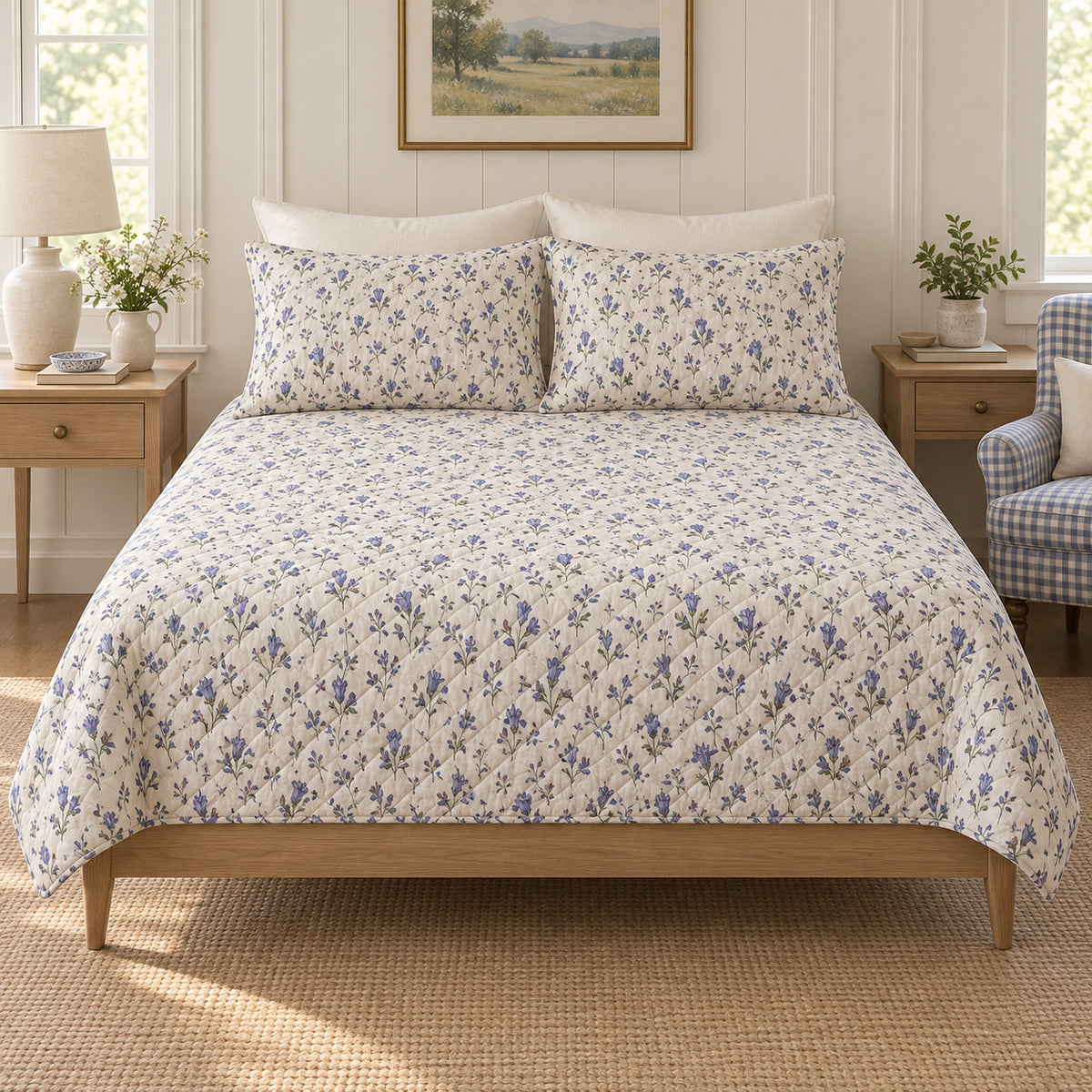 Crimson bottle gentian ditsy quilt set front view