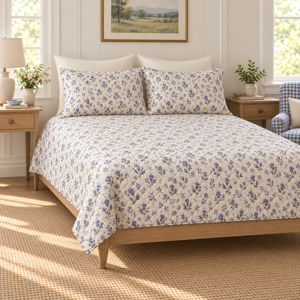 Crimson bottle gentian ditsy quilt set left angle