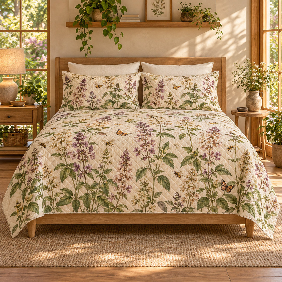 Basil blossoms pollinator garden quilt set front view
