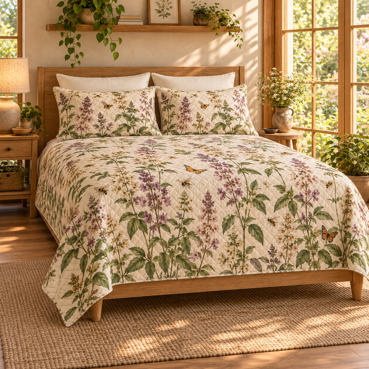 Basil blossoms pollinator garden quilt set left angle