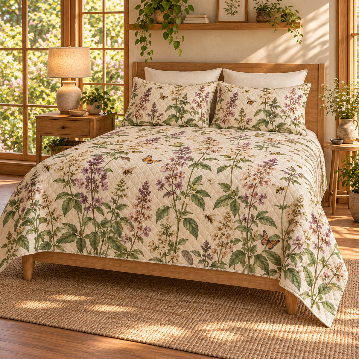 Basil blossoms pollinator garden quilt set right angle