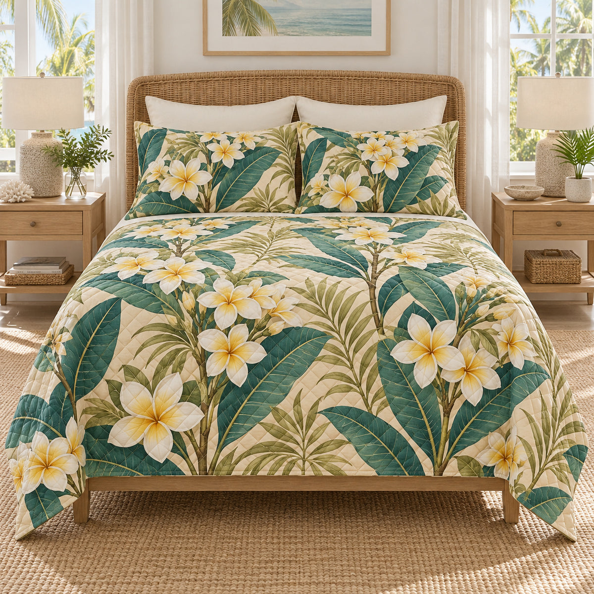 Plumeria tropical botanical quilt set front view