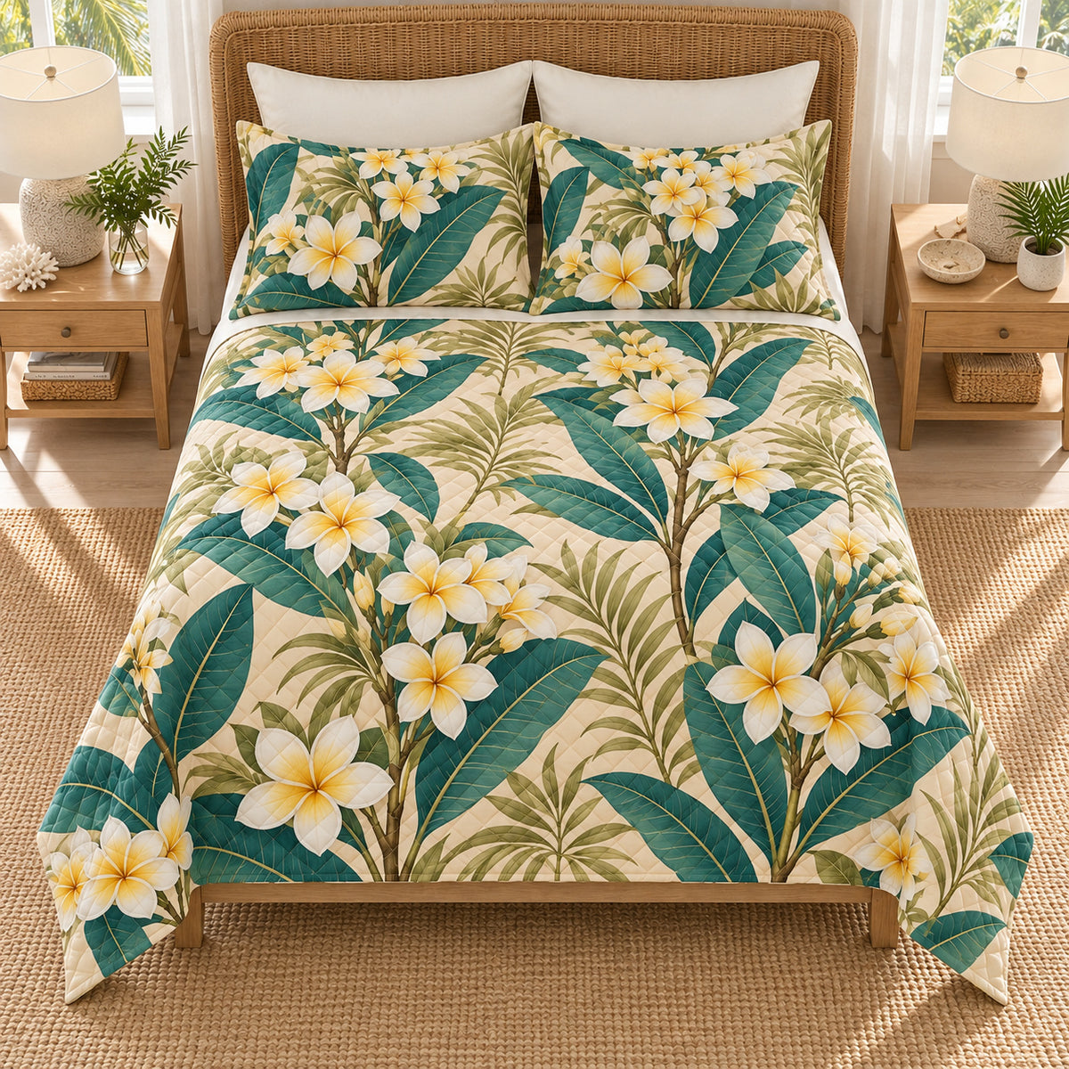 Plumeria tropical botanical quilt set elevated front view