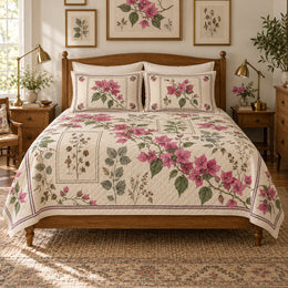 Bougainvillea Quilt Set, Vintage Botanical Bedding, Gift for Patio Gardeners