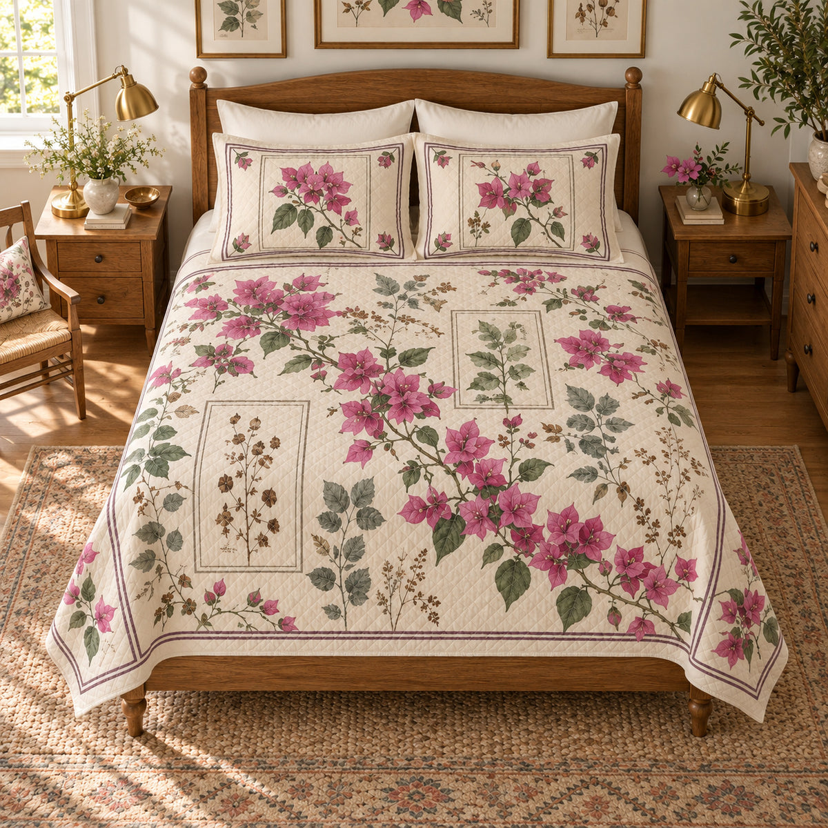 Bougainvillea quilt set elevated overhead view