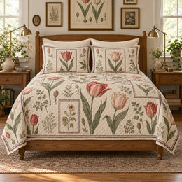 Tulip Quilt Set, Vintage Botanical Bedding, Gift for Spring Gardeners