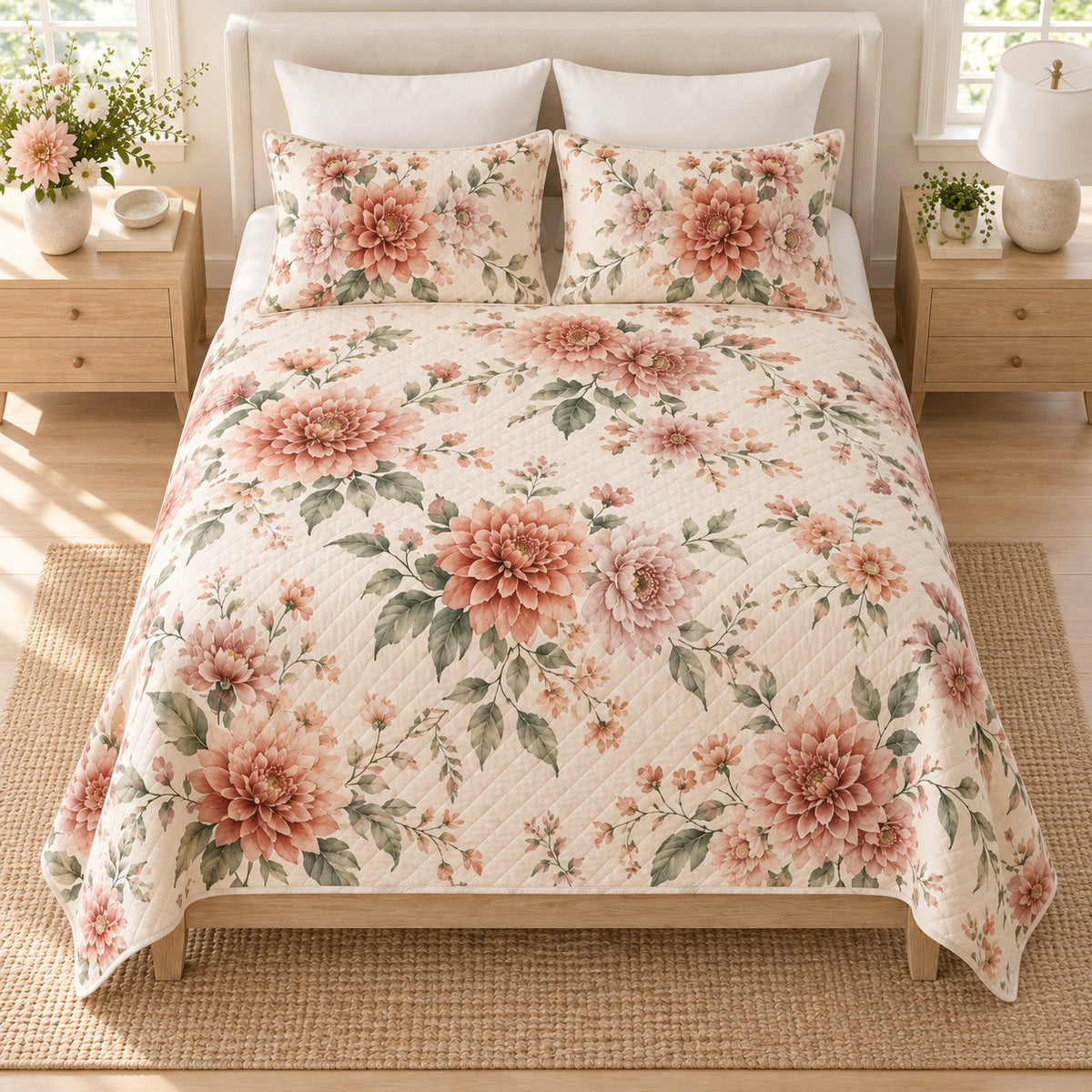 Dahlia quilt set elevated overhead view