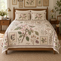 Apple Blossom Quilt Set, Vintage Herbarium Bedding, Gift for Orchard Gardeners