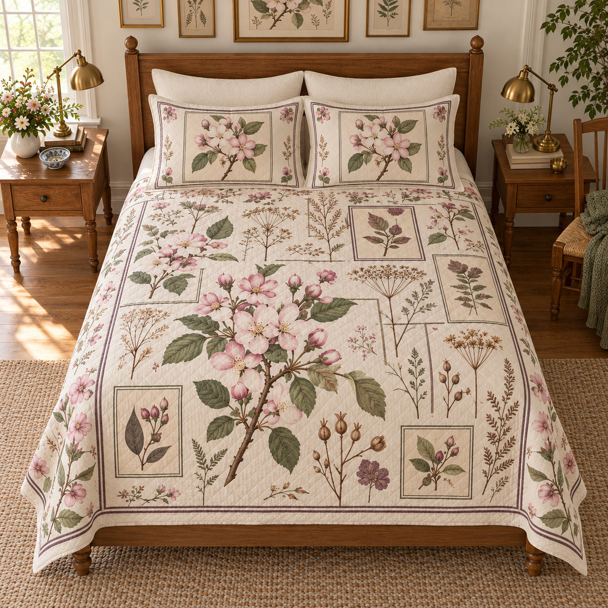 Apple blossom quilt set elevated overhead view