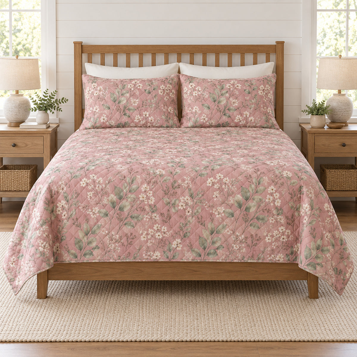 Dusty rose eucalyptus wildflower quilt set front view