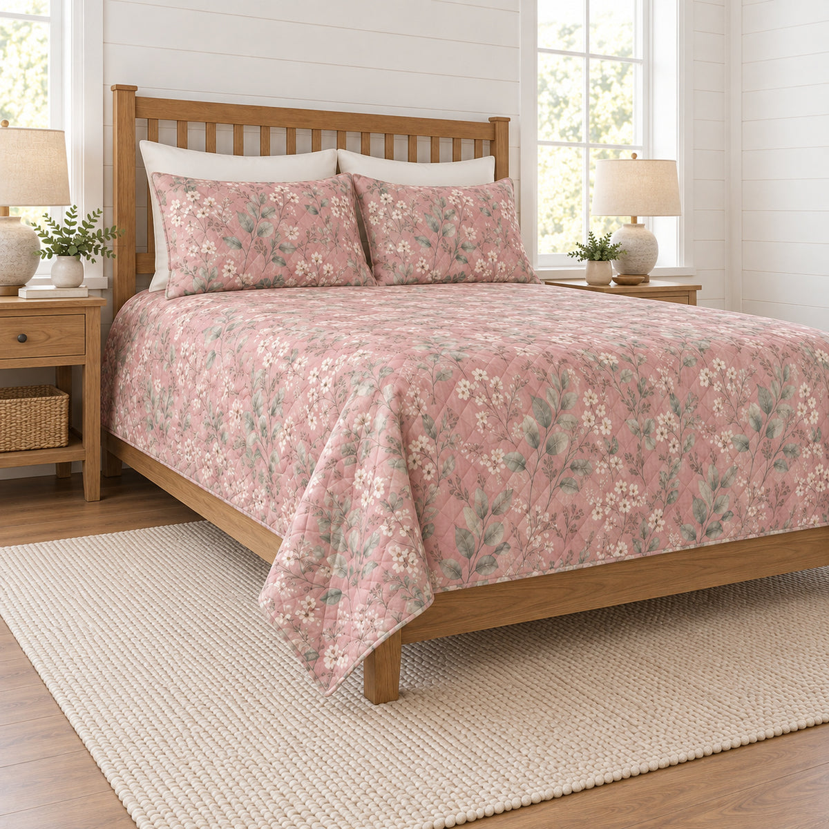 Dusty rose eucalyptus wildflower quilt set left angle