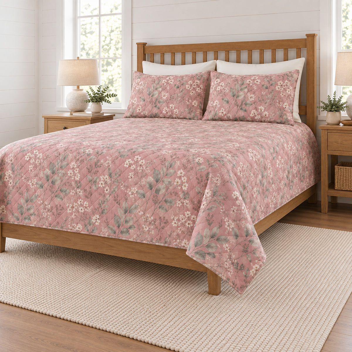 Dusty rose eucalyptus wildflower quilt set right angle