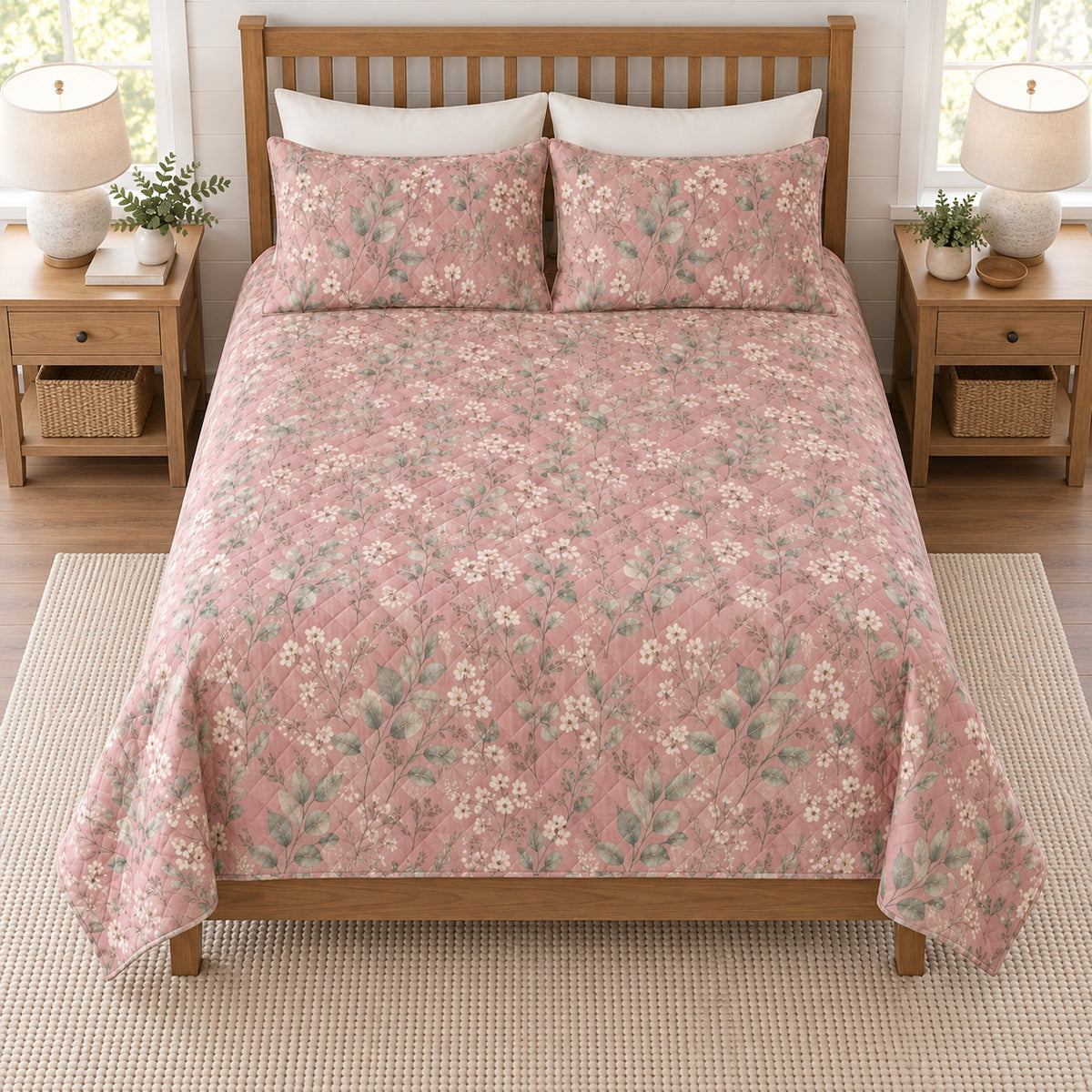 Dusty rose eucalyptus wildflower quilt set elevated overhead view
