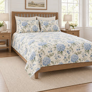 Powder blue hydrangea garden quilt set left angle