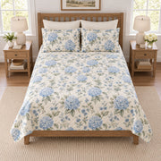 Powder blue hydrangea garden quilt set elevated overhead view