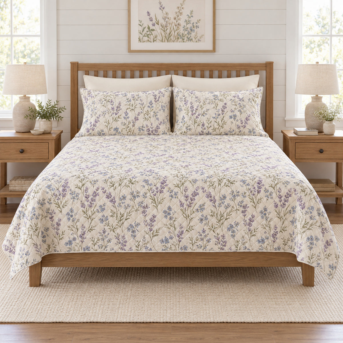Lavender blue English meadow quilt set front view