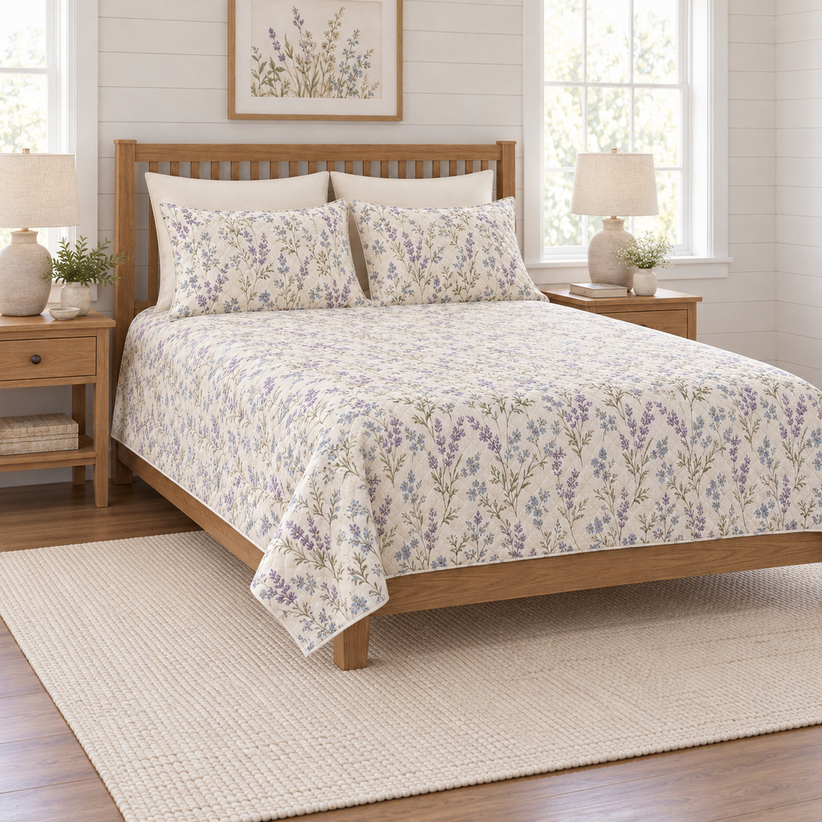Lavender blue English meadow quilt set left angle view
