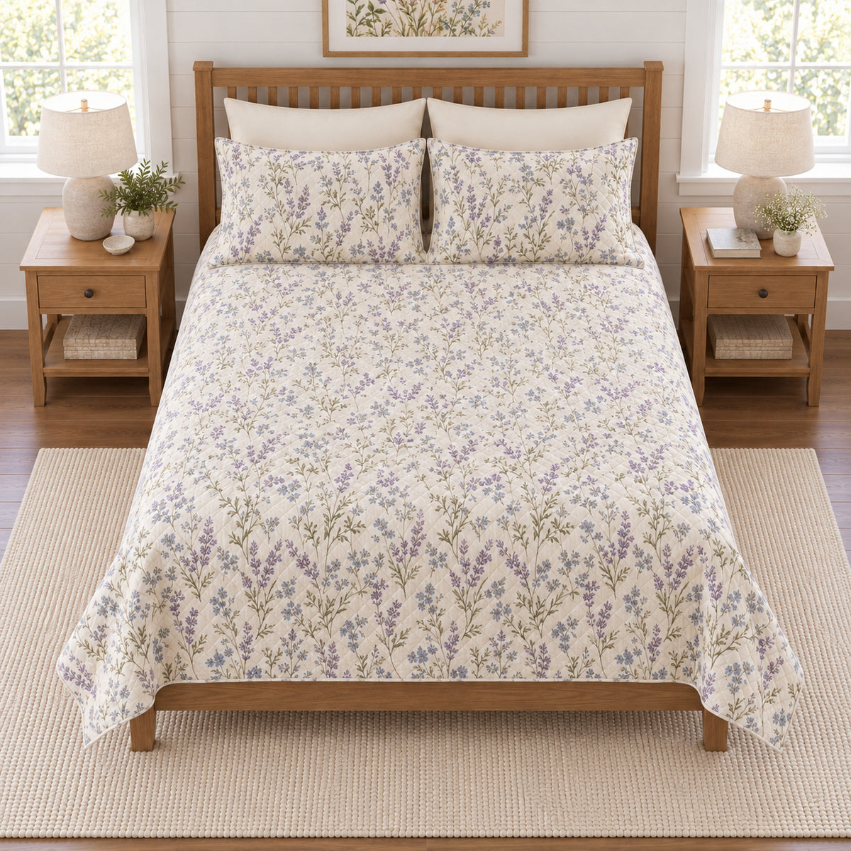 Lavender blue English meadow quilt set elevated overhead view
