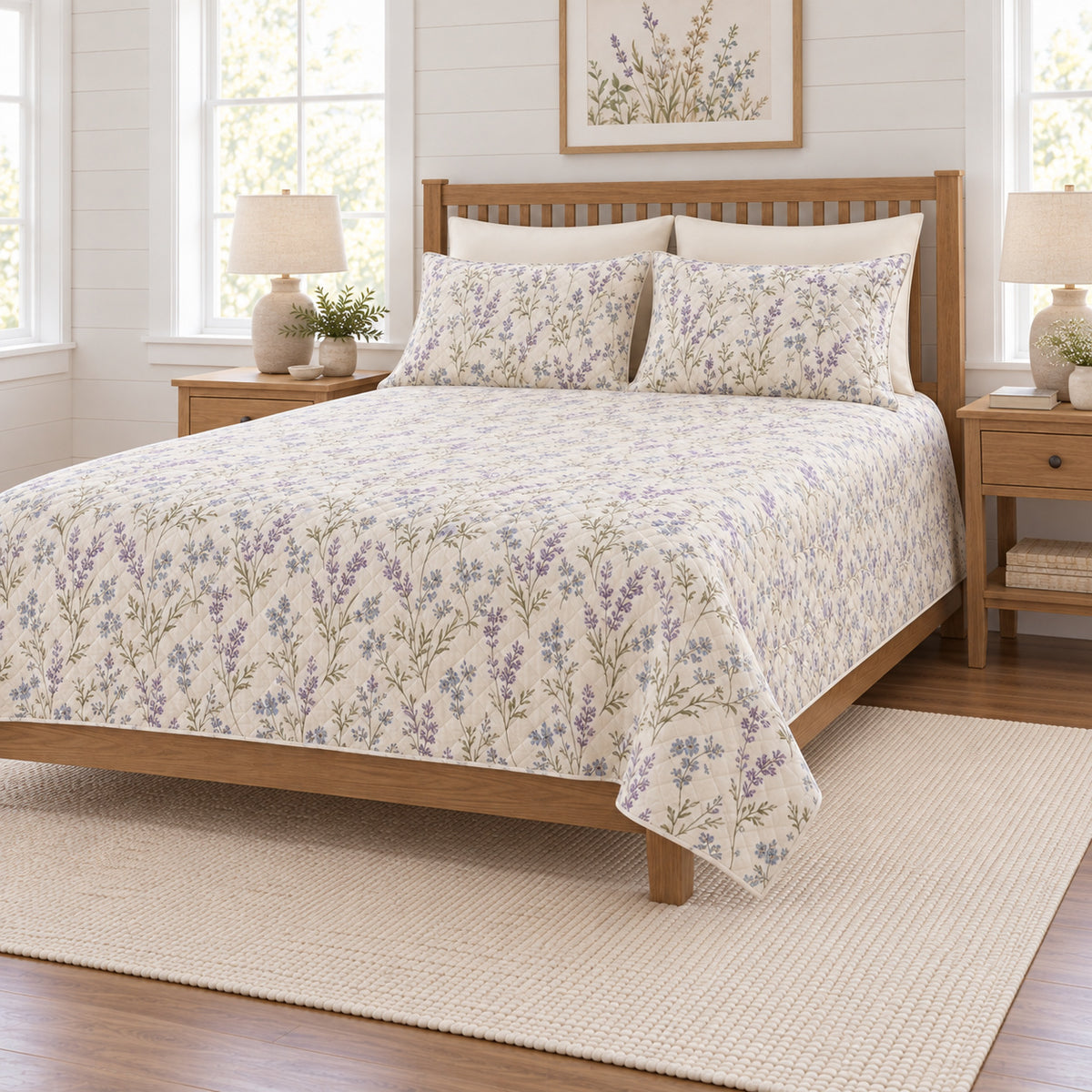 Lavender blue English meadow quilt set right angle view
