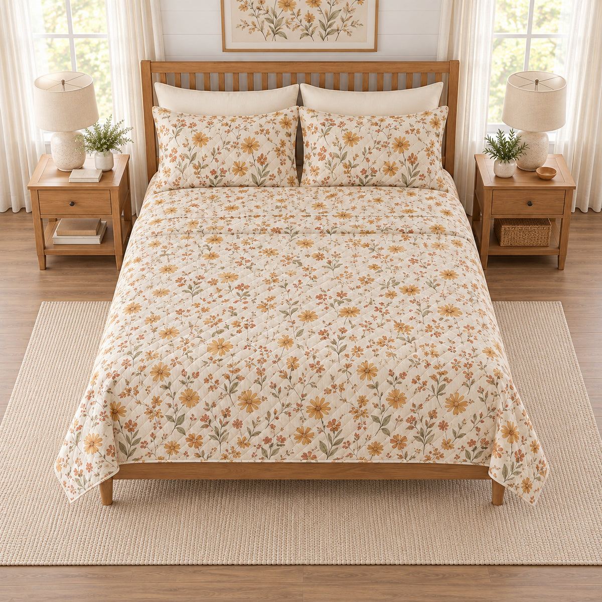 Golden ochre cottage daisy quilt set elevated overhead view