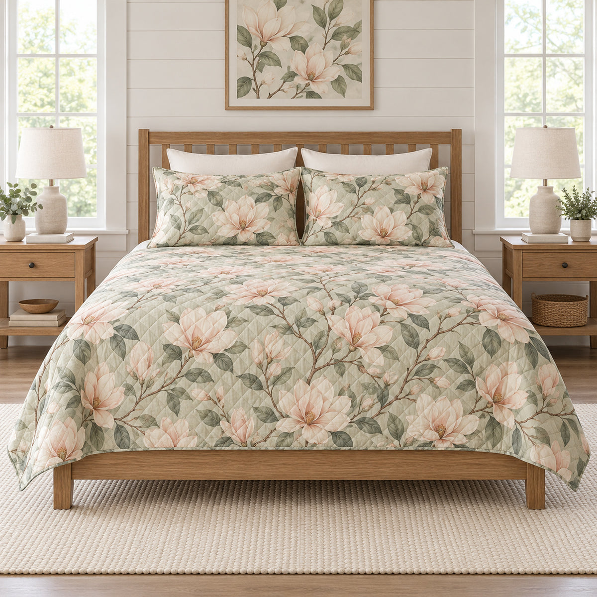 Blush magnolia misty sage quilt set front view