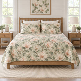 Blush Magnolia Quilt Set, Misty Sage Floral Bedding, Gift for Magnolia Lovers