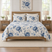Indigo watercolor peony quilt set front view