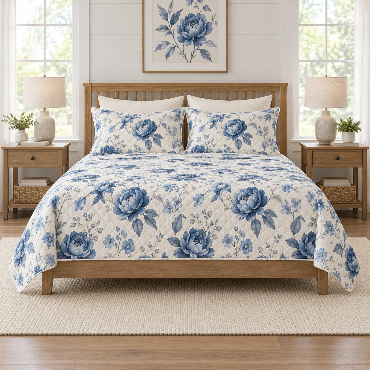Indigo watercolor peony quilt set front view