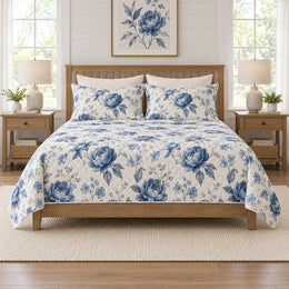 Indigo Peony Quilt Set, Watercolor Blue Floral Bedding, Gift for Peony Lovers