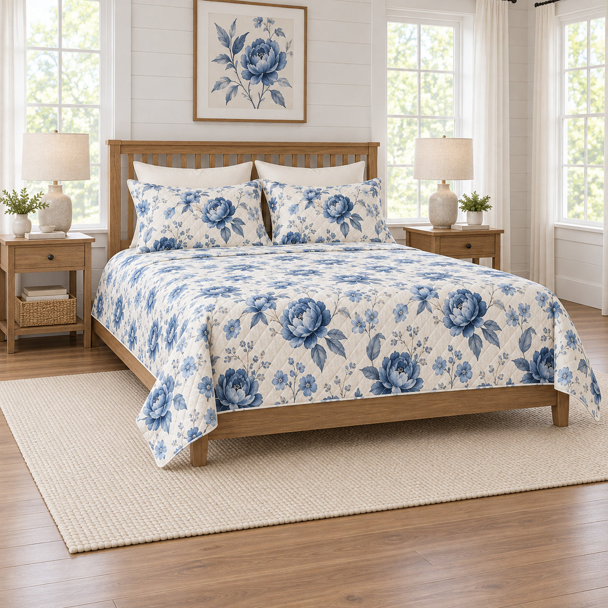 Indigo watercolor peony quilt set left angle view