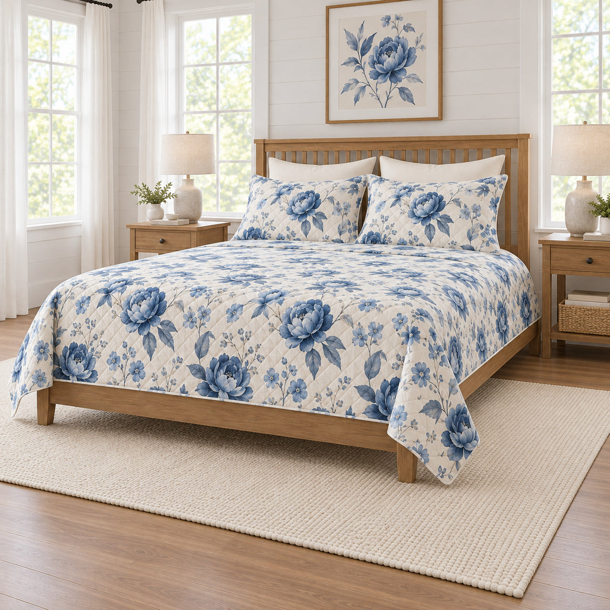 Indigo watercolor peony quilt set right angle view