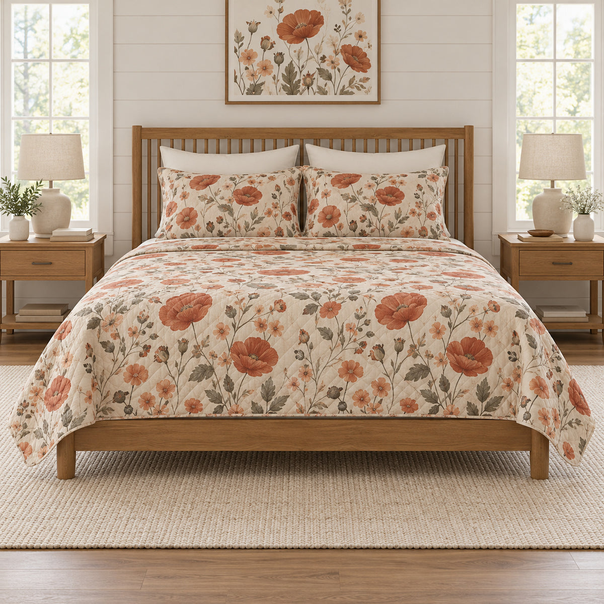 Terracotta poppy meadow quilt set front view