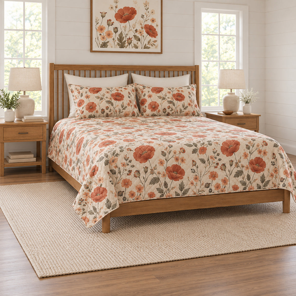Terracotta poppy meadow quilt set left angle view